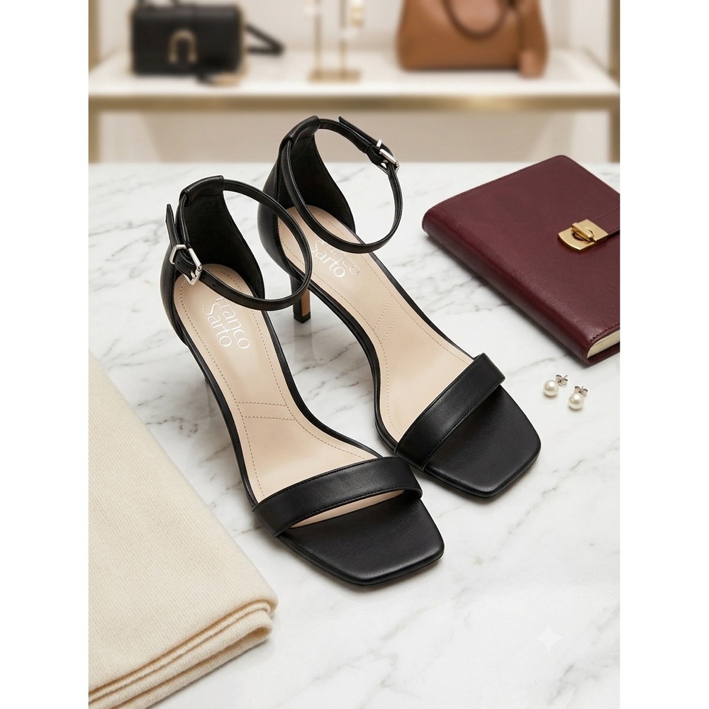 Franco Sarto Womens Black Leather Square Toe Ankle Strap Wedge Sandals Heels